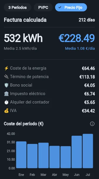 Pantalla de factura calculada de Ducky Energy